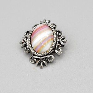 Womens Multi Band Agate Brooch Pin Silver Tone Filigree Work Accent Size 1"x1"